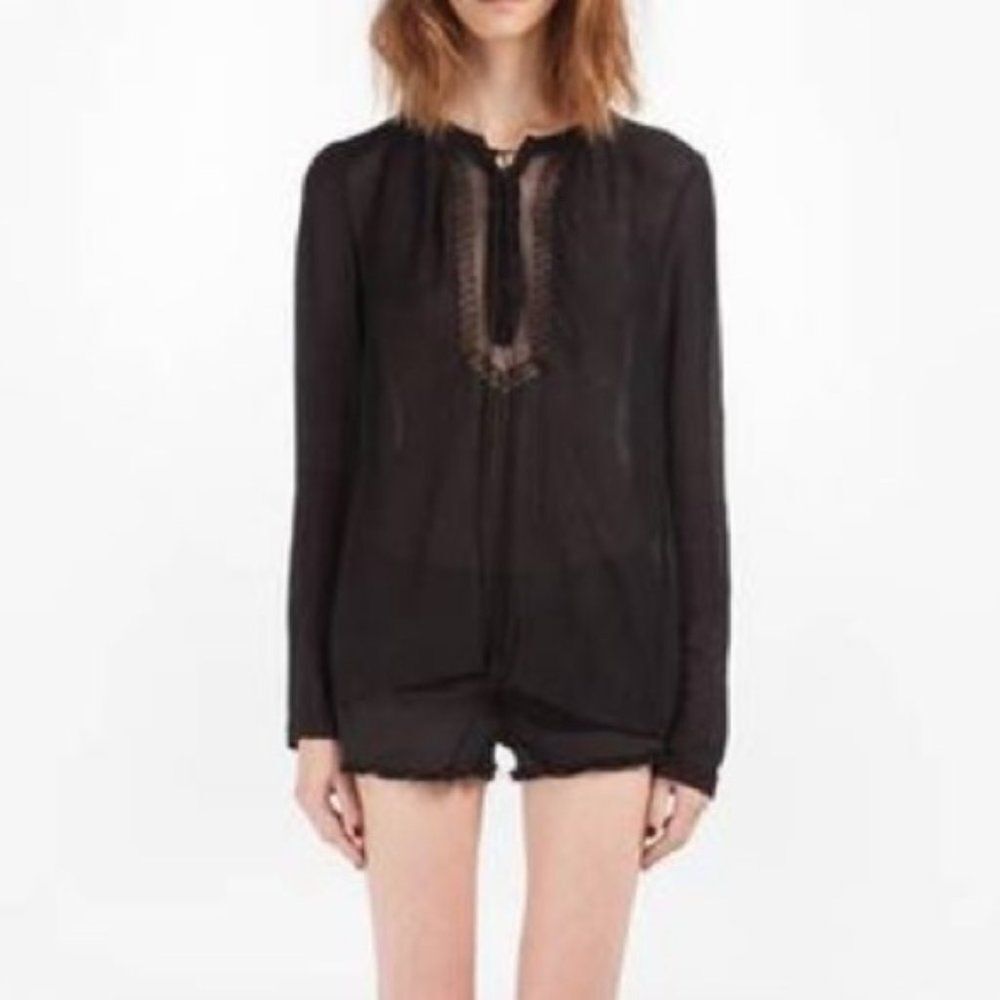 Maje Dionee Plaster Black Long Sleeve Silk Blend Lace-Up Blouse 2 M